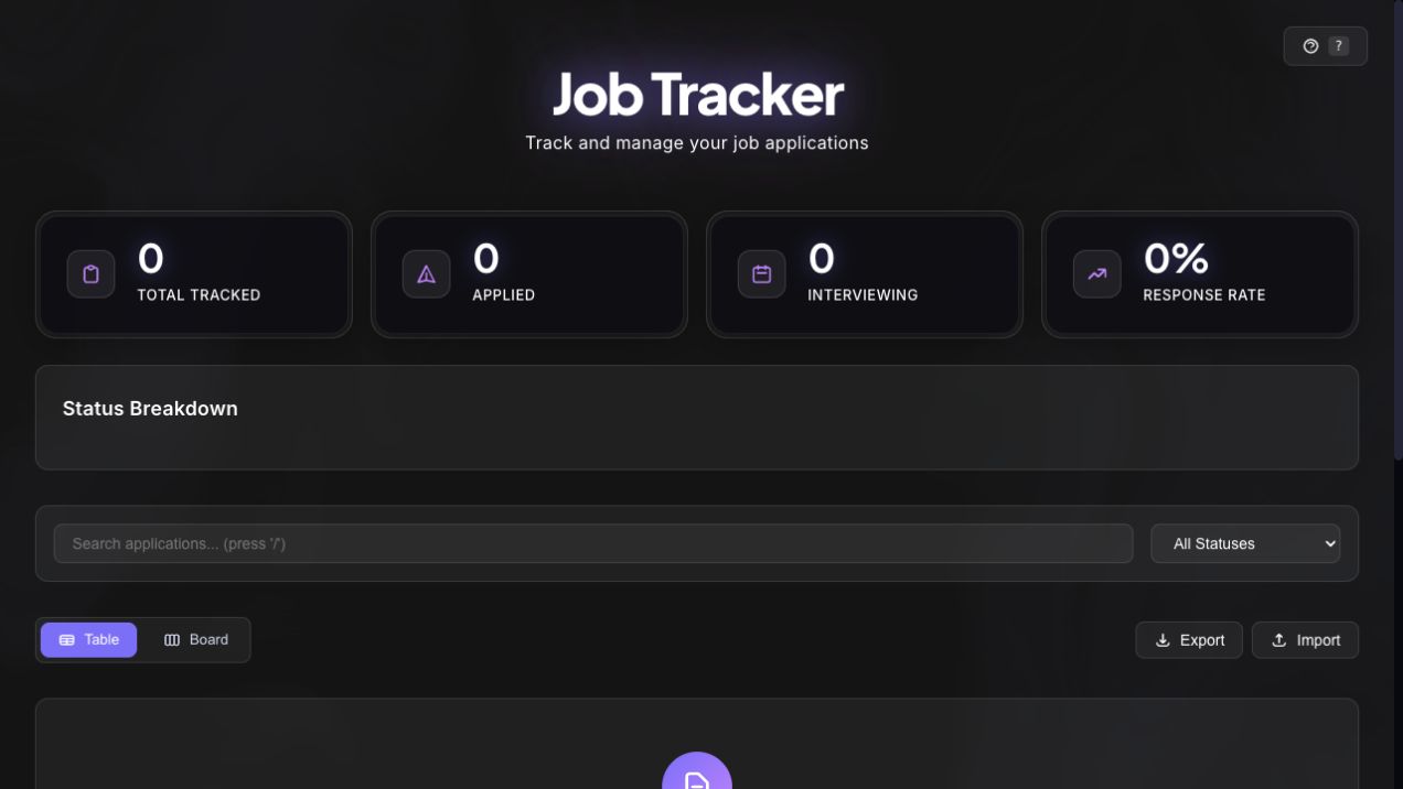 Job Tracker dashboard with application stats and table and board views